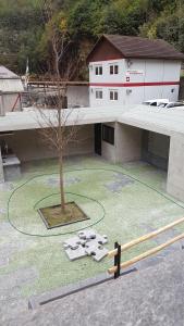 a building with a tree in the middle of a courtyard at BnB Ai Cav Calanca in Arvigo