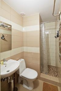 y baño con aseo, lavabo y ducha. en Apartment on Lychakivska, en Leópolis