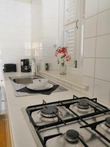 a kitchen with a stove top and a sink at Landhuis Klein Santa Martha Boutique Hotel Restaurant. in Dorp Soto