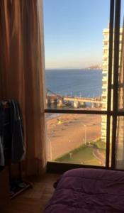 a bedroom with a view of the ocean from a window at Muelle Vergara view in Viña del Mar