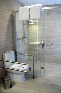 a bathroom with a toilet and a glass shower at Hotel EH Piedra Y Luz in Hinojosa del Duque