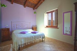 a bedroom with a bed with purple walls and a window at Kasale B&B Country House in Torretta