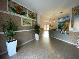 a lobby with two potted plants on the wall at Apartamentos Maracay in Roquetas de Mar