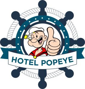 Un cartone animato di un impiegato dell'hotel con un pollice in su di Hotel Popeye a Ciudad Valles