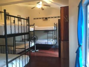 a room with three bunk beds and a ceiling fan at Hostal La Tortuga Booluda in León