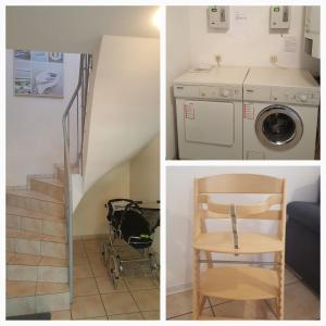 twee foto's van een trap met een wasmachine en een stoel bij FERUN in Zinnowitz