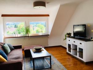 sala de estar con sofá y TV en Ferienwohnung Molter, en Oberthal