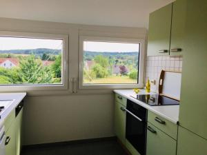 cocina con 2 ventanas, fregadero y fogones en Ferienwohnung Molter, en Oberthal