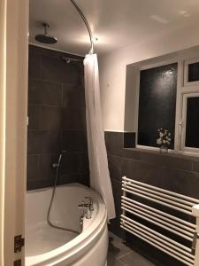 a bathroom with a tub and a toilet and a window at Mundy House in Swindon