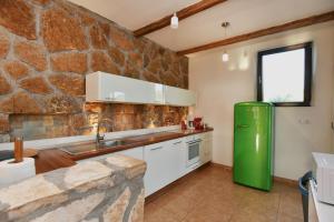 a kitchen with a green refrigerator and a stone wall at Villa Shanti - Pool, Beach & Basketball court in Luštica