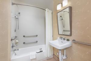 a bathroom with a shower, sink, and mirror at The Hotel at Fifth Avenue in New York