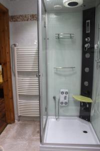 una doccia con porta in vetro in bagno di Hotel Lo Scoiattolo a Cotronei