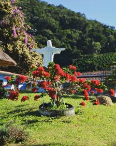 eine Statue eines Christen, der Erlöser neben Blumen in der Unterkunft Pousada Primavera da Serra in Serra Negra