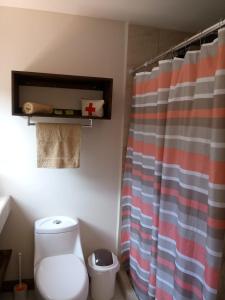 a bathroom with a toilet and a striped shower curtain at CASA GERANIOS # 2 in Monteverde Costa Rica