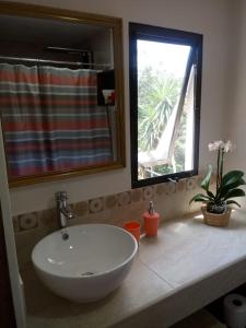 een badkamer met een witte wastafel en een raam bij CASA GERANIOS # 2 in Monteverde Costa Rica
