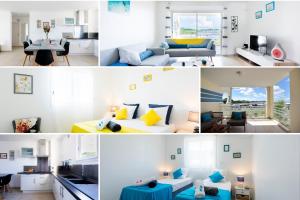 un collage de photos d'un salon et d'une cuisine dans l'établissement OCEANE***route des plages***Marina***wifi, au Marin