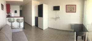 a living room with a couch and a table at Bel appartement F1 cabine 30m² face mer parking in Palavas-les-Flots
