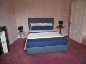 a bedroom with a bed with blue pillows and pink walls at MAISON EN VILLE in Airvault