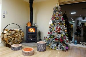 a christmas tree in a living room with a fireplace at Villa Sapporo Honobono in Sapporo
