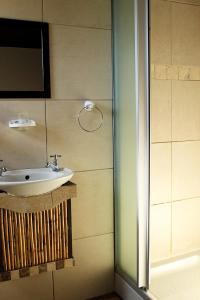 een badkamer met een wastafel en een douche bij African Adventures Accommodation in Joostenberg Vlakte