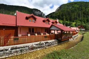 a house with a red roof next to a river at Chata PELC in Stratená