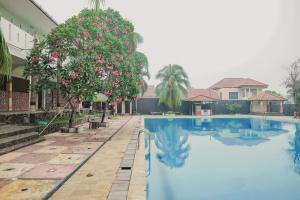 a swimming pool in front of a house with a tree at RedDoorz Syariah @ Pasir Putih Jambi in Jambi