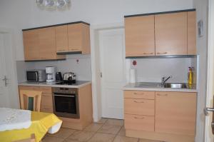 eine kleine Küche mit Holzschränken und einem Waschbecken in der Unterkunft Ferienwohnung Birgit in Eisenstadt