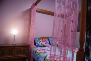 um quarto com uma cama de dossel e cortinas cor-de-rosa em Gite de Rose Blanche em Belle-et-Houllefort