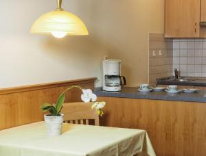 cocina con mesa y cafetera en Appartementhotel Griesbacher Hof, en Bad Griesbach