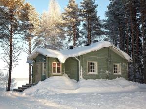 a small green cabin with snow on top of it at Holiday Home Tuuliranta by Interhome in Nurmes