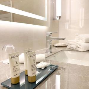 a bathroom with a sink and two bottles of sunscreen at Hotel & Spa Le Pavillon in Charbonnières-les-Bains