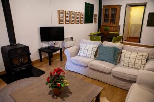 a living room with a couch and a wood stove at Hostel Layos, Toledo in Layos