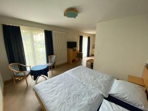 a bedroom with a bed, chair, desk and a television at Hotel Bramen in Kloten
