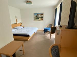 a hotel room with a bed and a tv at Hotel Bramen in Kloten