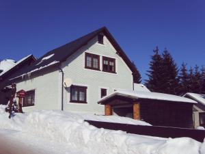 ein Haus mit einem Stapel Schnee davor in der Unterkunft Ferienwohnung Peter Engelhardt in Schmiedefeld am Rennsteig