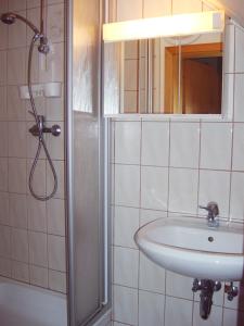 a bathroom with a sink and a mirror and a shower at Ferienwohnung Peter Engelhardt in Schmiedefeld am Rennsteig +13 photos