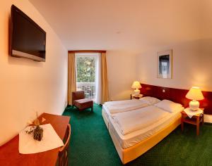 una camera d'albergo con un letto e una televisione di Hotel Zur Post a Illmitz
