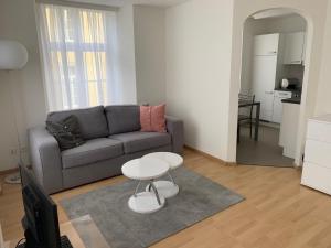a living room with a couch and a table at Haus zur Eiche Private 3,5 Zimmerwohnung bis zu 8 Gäste in Chur