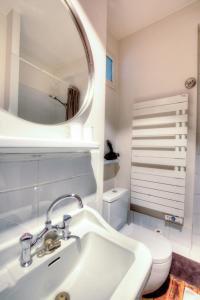 La salle de bains est pourvue d'un lavabo, de toilettes et d'un miroir. dans l'établissement Atelier dernier étage bail mobilité Louvre, à Paris