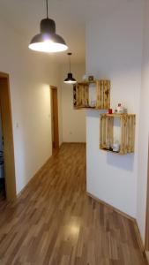 an empty living room with wooden floors and two lights at hostel Stalno Sretan in Labin