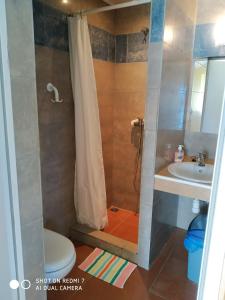 een badkamer met een douche, een toilet en een wastafel bij Dom Wypoczynkowy Relaks in Rytro