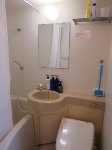 ein Badezimmer mit einem Waschbecken, einem WC und einem Spiegel in der Unterkunft Stay Snnabe / Vacation STAY 52638 in Kumamoto