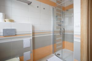 uma casa de banho com um chuveiro e uma porta de vidro em Diana Apartments Karlovy Vary em Karlovy Vary