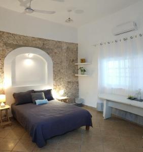 a bedroom with a bed and a window and a desk at Carlota Guest House in Cozumel