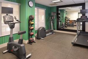 un gimnasio con paredes verdes, equipo de ejercicios y espejo en Holiday Inn Express Olean, an IHG Hotel, en Olean