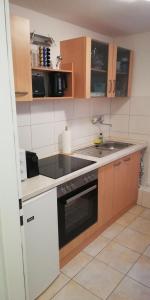 een keuken met een spoelbak en een fornuis bovenste oven bij Ferienwohnung Sonnwald in Düsseldorf