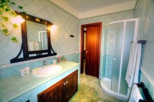 uma casa de banho com um lavatório, um espelho e um chuveiro em Il Fenicottero em Masainas