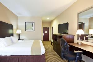 a hotel room with a bed and a desk and a television at Holiday Inn Express Le Roy, an IHG Hotel in Le Roy