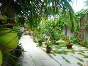 einen Garten mit Topfpflanzen auf einem Gehweg in der Unterkunft Minh Anh Garden Hotel in Mui Ne