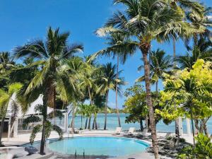 a pool with palm trees and the ocean in the background at La Vida Samui in Chaweng